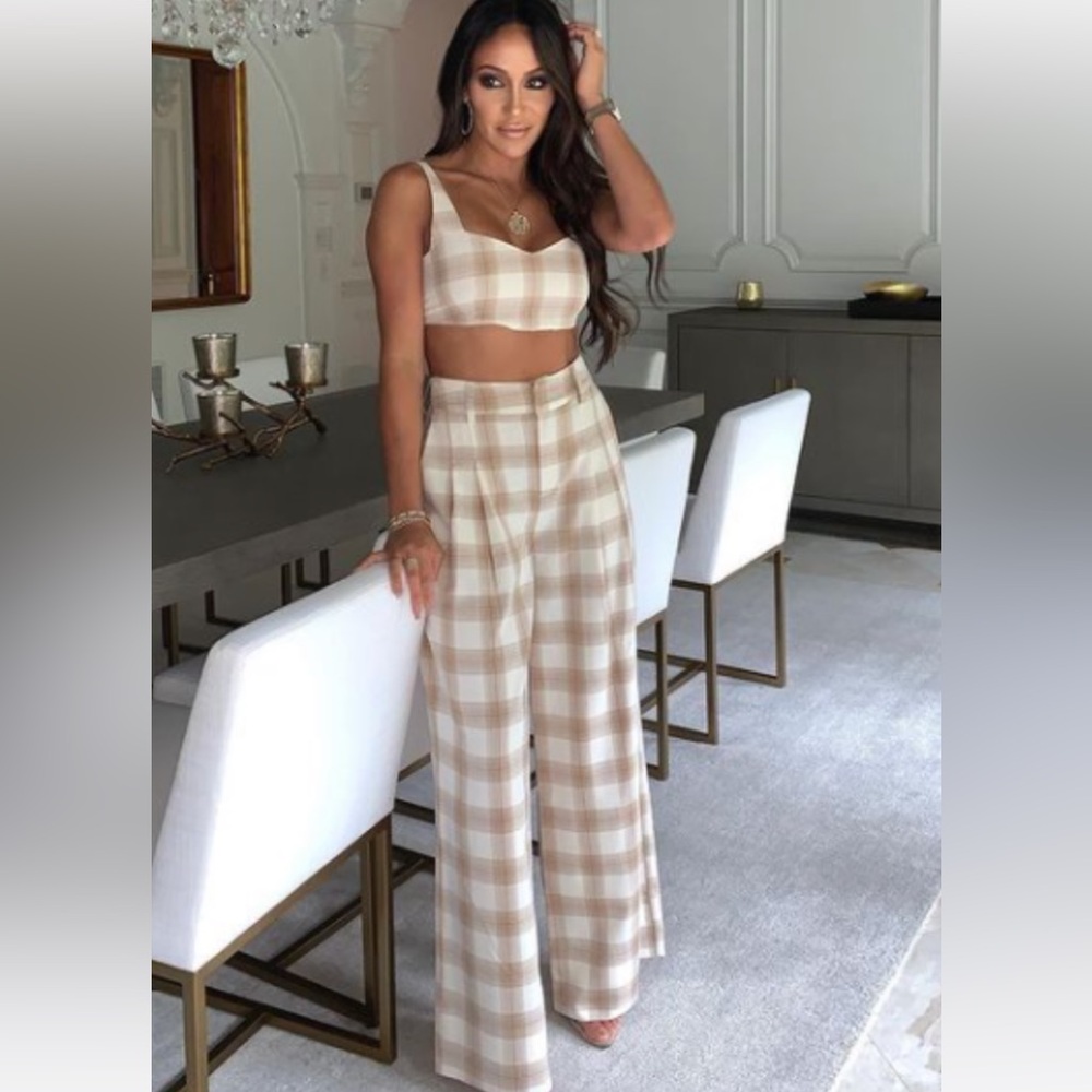 Cara Santana Tan Plaid Crop Top Bralette and Pants Set as seen on Melissa Gorga